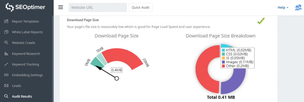 tamanho da página de download